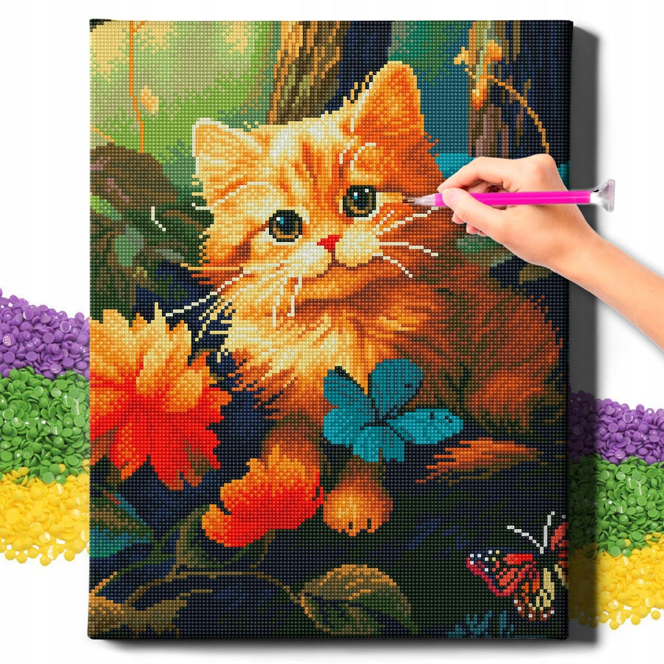 Алмазная мозаика Котик в лесу от Sovabooks, изображение котика среди деревьев, размер 40x50 см.