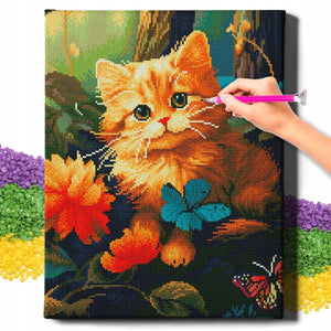 Алмазная мозаика Котик в лесу, набор для творчества Sovabooks, изображение котика в лесной сцене, размеры 40х50 см
