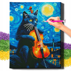 Алмазная мозаика с котом на скрипке, размер 40x50 см, настольная игра Sovabooks, яркое декоративное украшение.