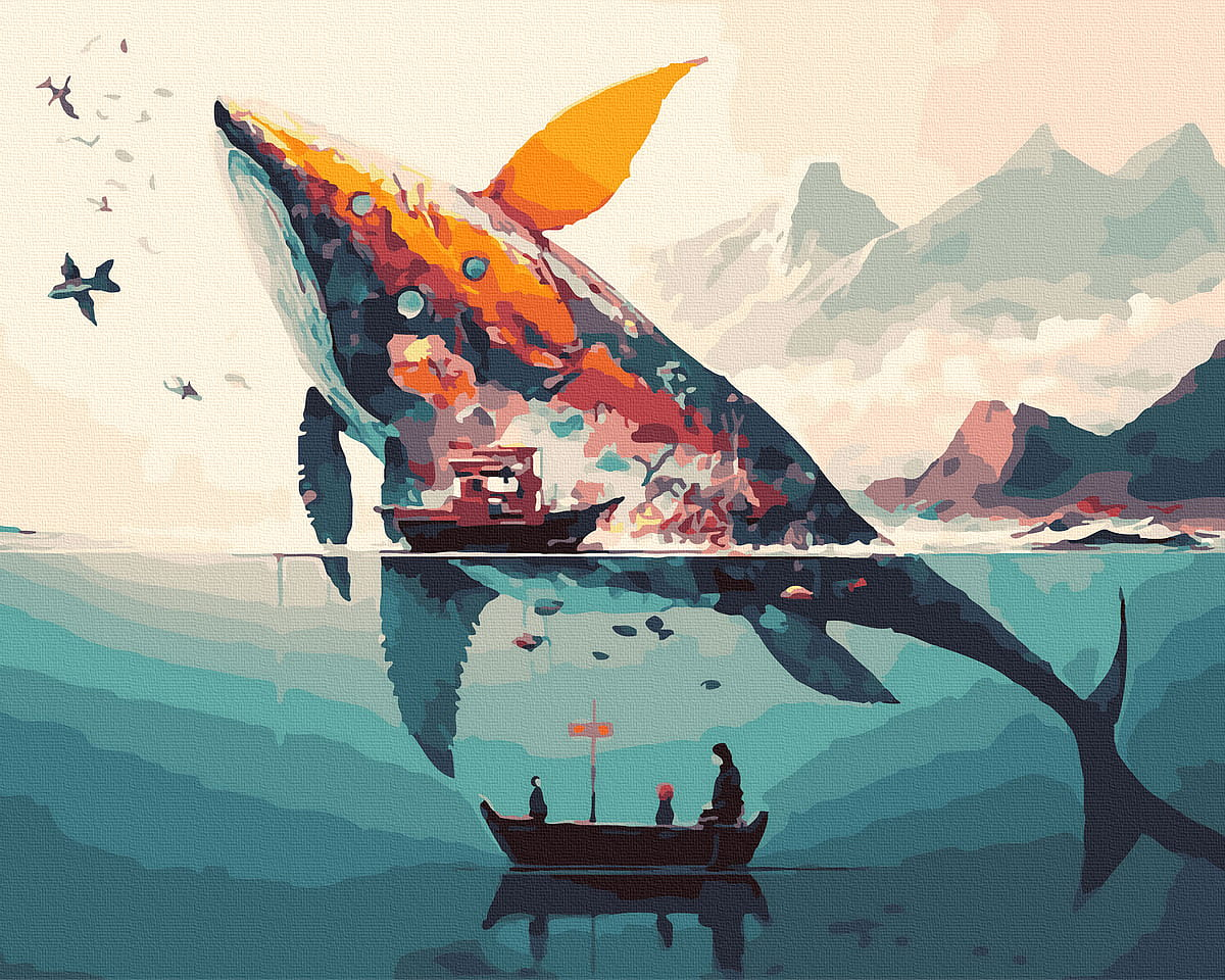 Картина по номерам Кит от Sovabooks, набор для творчества с изображением кита, включает краски и кисти для рисования.
