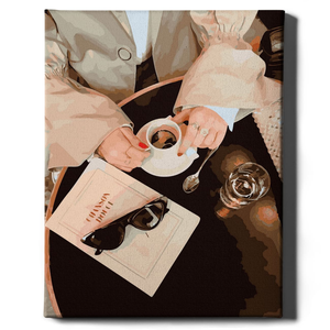 Картина по номерам "Дама с кофе" от Sovabooks, художественный набор для творчества, изображение женщины с чашкой кофе.