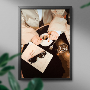 Картина по номерам "Дама с кофе" от Sovabooks, художественный набор для творчества, изображение женщины с чашкой кофе.