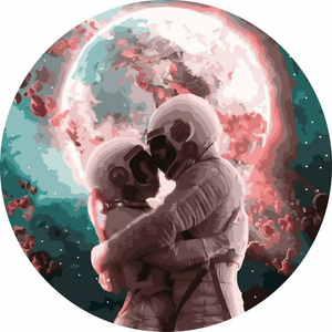 Круглая картина по номерам "Космическая любовь" от Sovabooks, набор для творчества с изображением космоса и сердец.