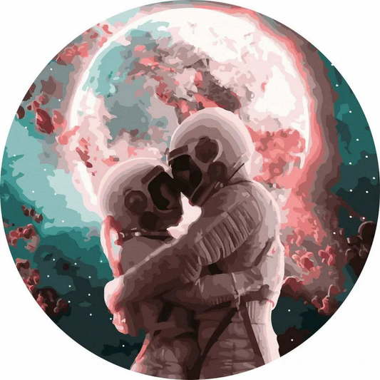 Круглая картина по номерам "Космическая любовь" от Sovabooks, набор для творчества с изображением космоса и сердец.