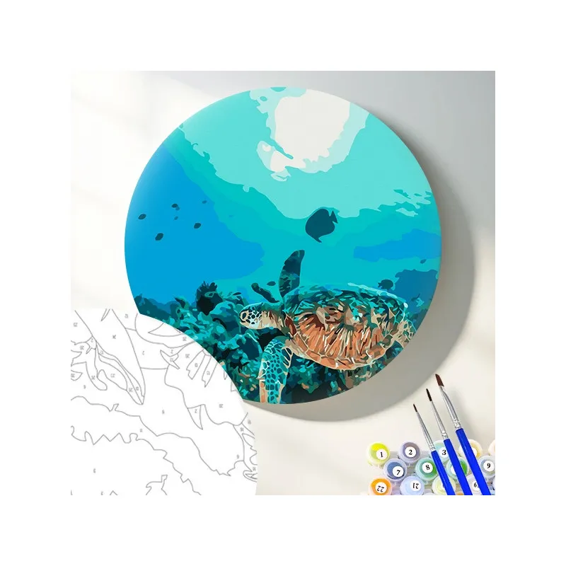 Round numbered painting of underwater life by Sovabooks, featuring vibrant marine scene for painting by numbers.