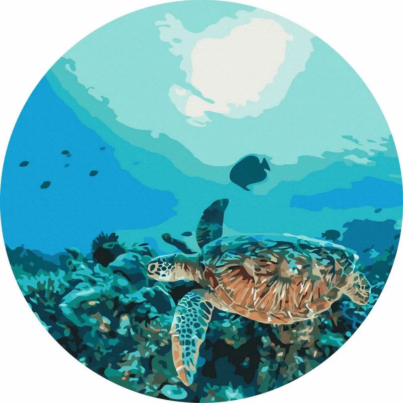 Round number painting by Sovabooks featuring an underwater scene with marine life and vibrant coral reefs.