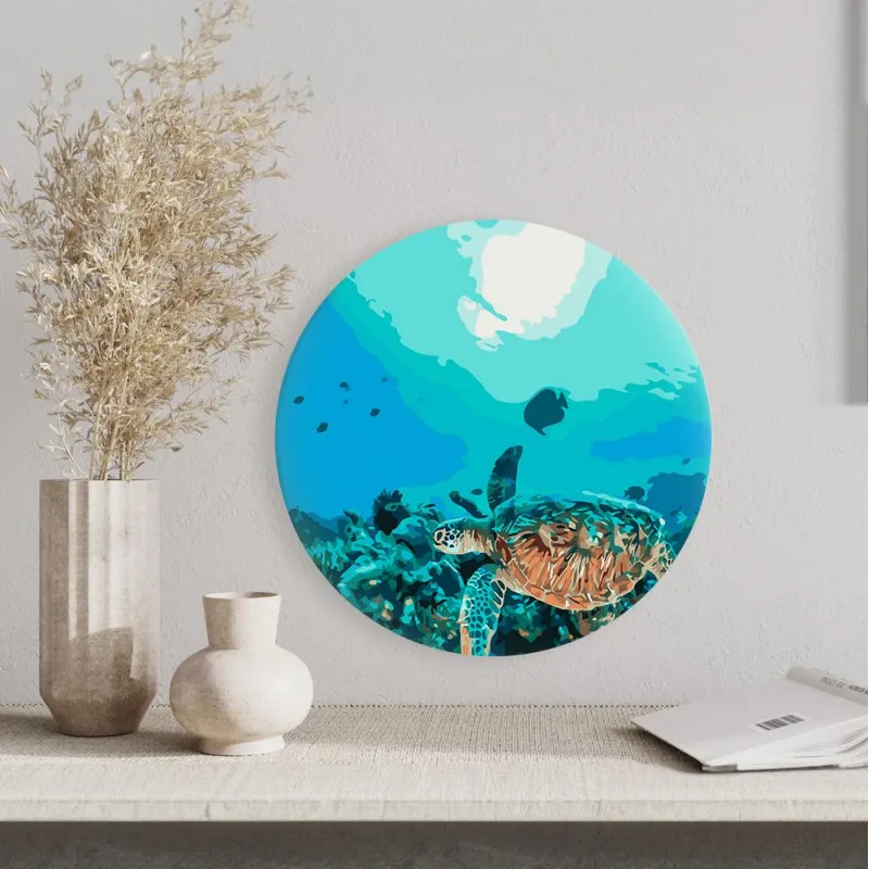 Round undersea life paint-by-numbers art kit by Sovabooks featuring vibrant underwater marine scene on canvas.