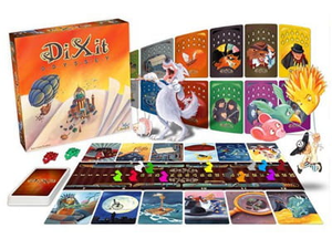 Настольная игра Диксит Одиссея от Sovabooks для вечеринок и семейных развлечений, изображены карты и игровое поле.