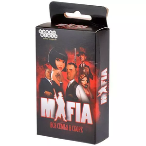 Настольная игра Мафия Вся семья в сборе от Sovabooks, классическая настолка для всей семьи, изображение коробки и игровых компонентов.