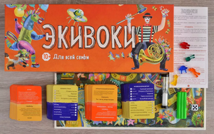 Настольная семейная игра Sovabooks для всей семьи, изображение коробки и игровых компонентов на белом фоне.