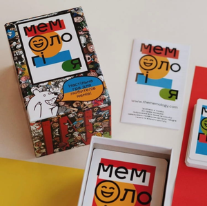 Настольная игра Мемологія от Sovabooks для вечеринок и развлечений, изображение коробки и игровых компонентов