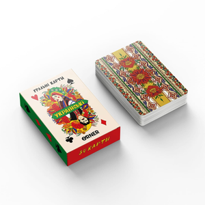Украинские игральные карты Sovabooks для карточных игр, красочный дизайн и традиционные символы на лицевой стороне.