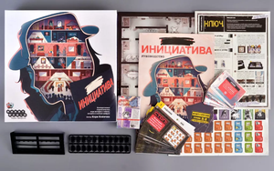 Настольная игра Инициатива от Sovabooks для вечеринок и игр с друзьями, изображение коробки и элементов игры.