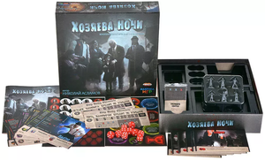 Настольная игра "Хозяева ночи" от Sovabooks для вечеринок и семейных игр, изображение коробки на фоне игрового стола.