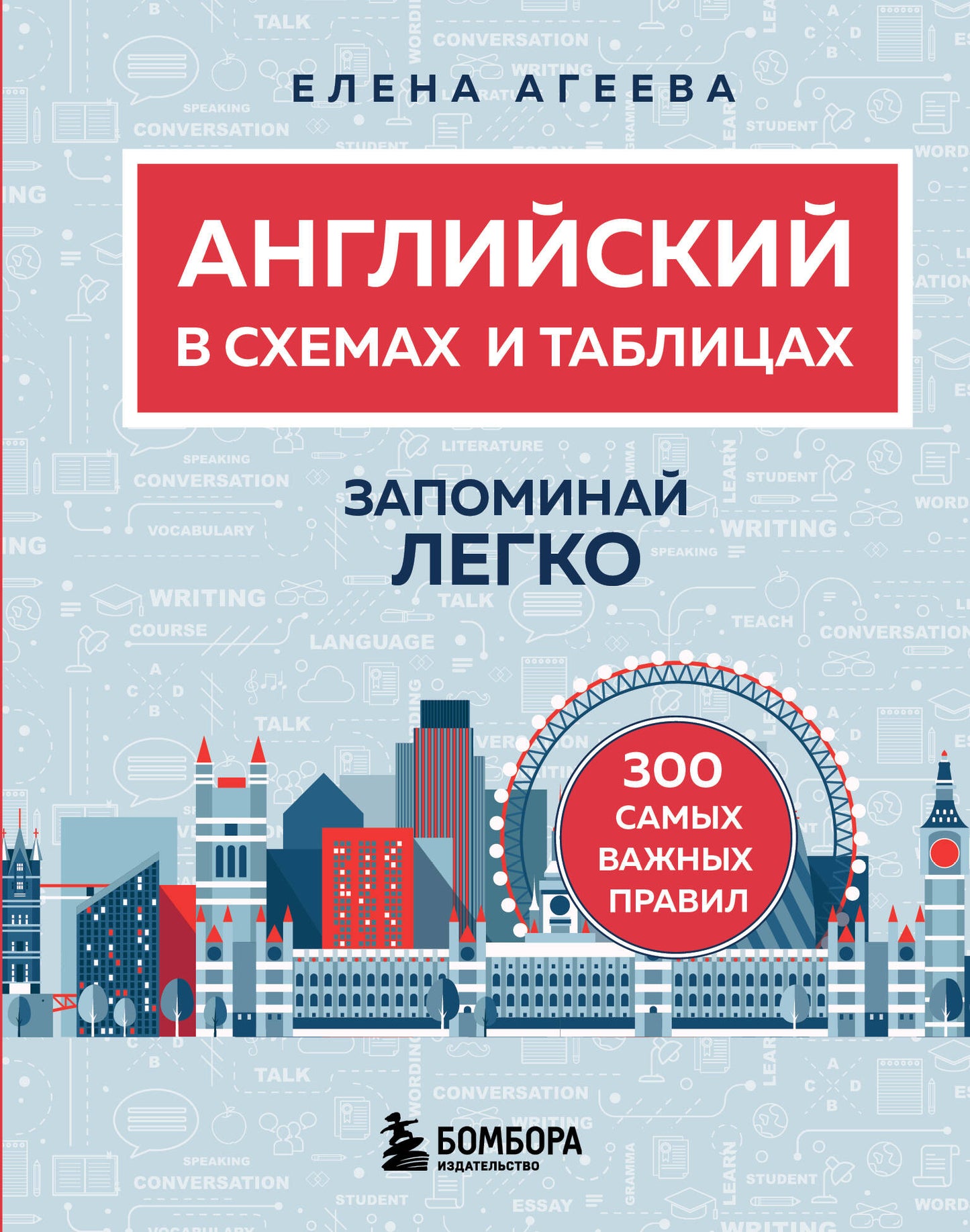 Книга по изучению английского языка в схемах и таблицах от SOVABOOKS, обложка с названием и изображением страниц