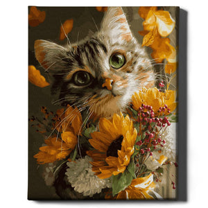 Картина по номерам котенок в подсолнухах из набора Sovabooks, изображение котенка среди подсолнухов, художественный набор для творчества