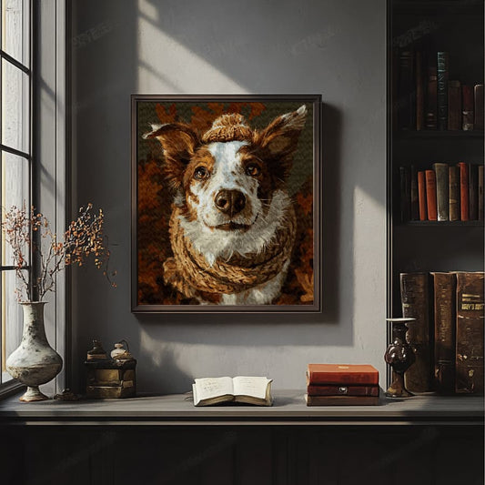 Картина по номерам Собака в шарфе от Sovabooks, набор для творчества с изображением милой собаки в зимнем шарфе.