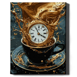 Картина по номерам Время для кофе, золотая краска, настольная игра Sovabooks, изображение чашки кофе и часов