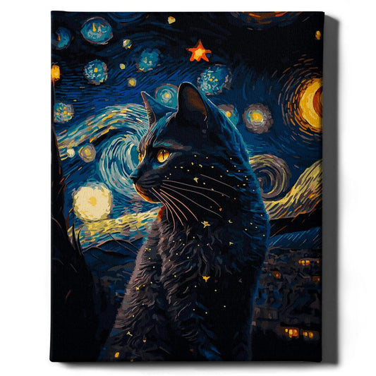 Картина по номерам Черная кошка и звезды от Sovabooks, художественный набор для творчества и рисования.
