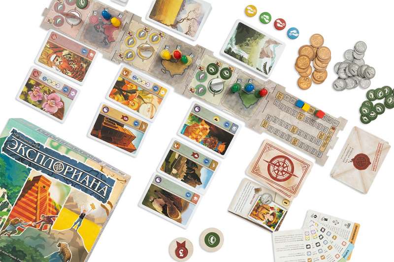 Настольная игра Эксплориана от Sovabooks, семейная настольная игра для всей семьи, изображение коробки и компонентов