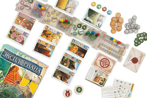 Настольная игра Эксплориана от Sovabooks для семейных игр, изображение коробки и игровых компонентов.