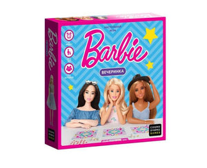 Настольная игра Barbie Вечеринка от Sovabooks, изображение коробки с ярким дизайном и игровыми элементами на переднем плане.