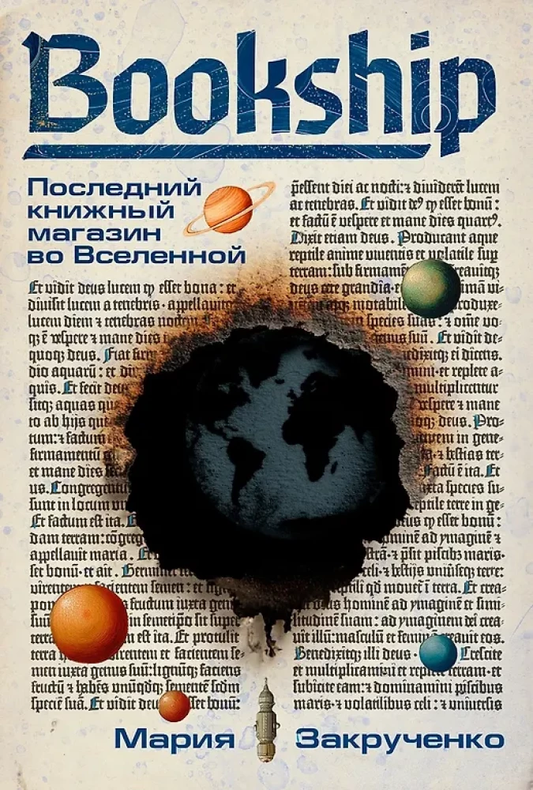 Книга "Последний книжный магазин во Вселенной" от SOVABOOKS, обложка с изображением космических элементов