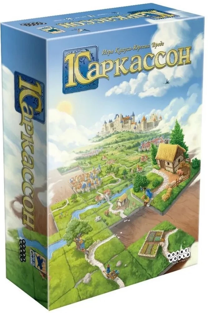 Настольная игра Каркассон от SOVABOOKS, изображение коробки с игрой и игровым полем на столе
