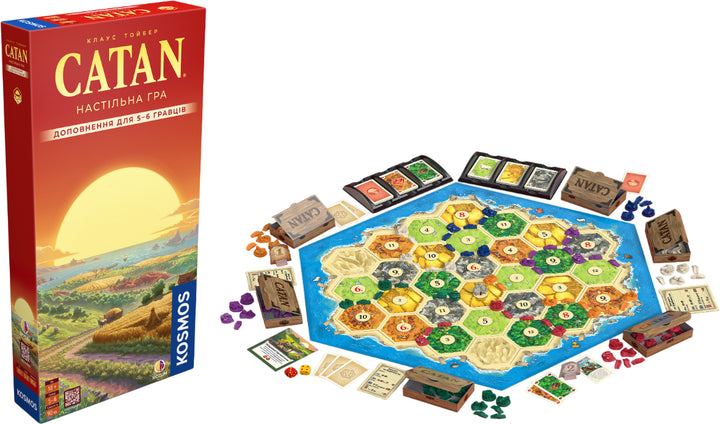 Настольная игра CATAN для 5-6 игроков, стратегия и развитие, от Sovabooks, изображение коробки и элементов игры