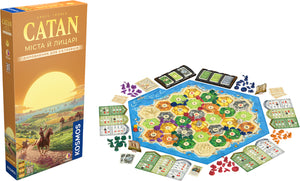 Настольная стратегическая игра CATAN. Міста й лицарі для 5-6 игроков, изображение коробки и игрового поля.