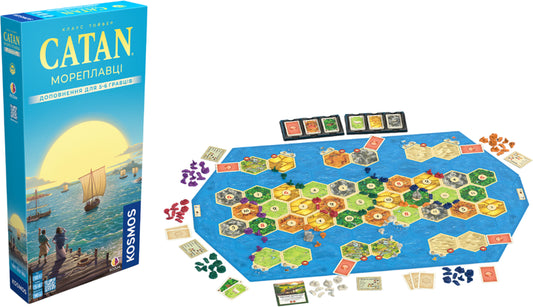 Настольная игра CATAN Мореплавці для 5-6 игроков, стратегическая игра Sovabooks, изображение коробки и игрового поля