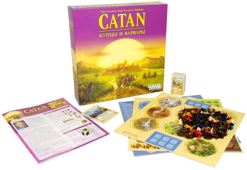 Настольная игра Catan. Колонизаторы: Купцы и Варвары, дополнение к стратегической игре, изображение коробки и компонентов