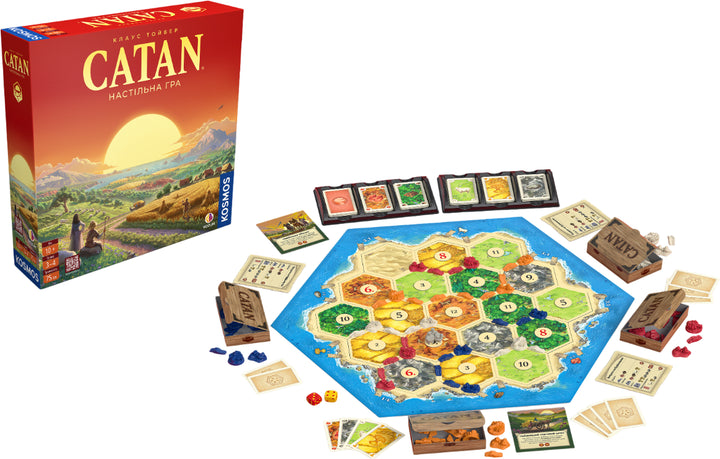 Настільна гра "CATAN" для компанії, ігри для вечірок, бренд Sovabooks, зображення коробки з ігровим полем та фішками