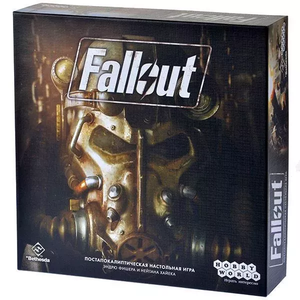 Настольная игра Fallout от Sovabooks, изображение коробки с ярким дизайном и игровыми компонентами для вечеринок и игр.