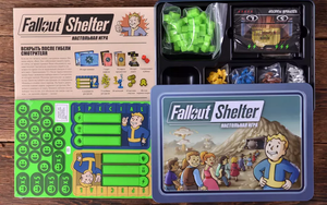 Настольная игра Fallout Shelter от Sovabooks для вечеринок и семейных игр, изображение коробки и элементов игры.