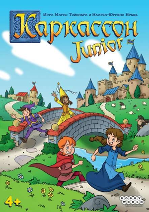 Настольная игра Каркассон Junior от Sovabooks, изображение коробки и игровых компонентов для семейного развлечения.