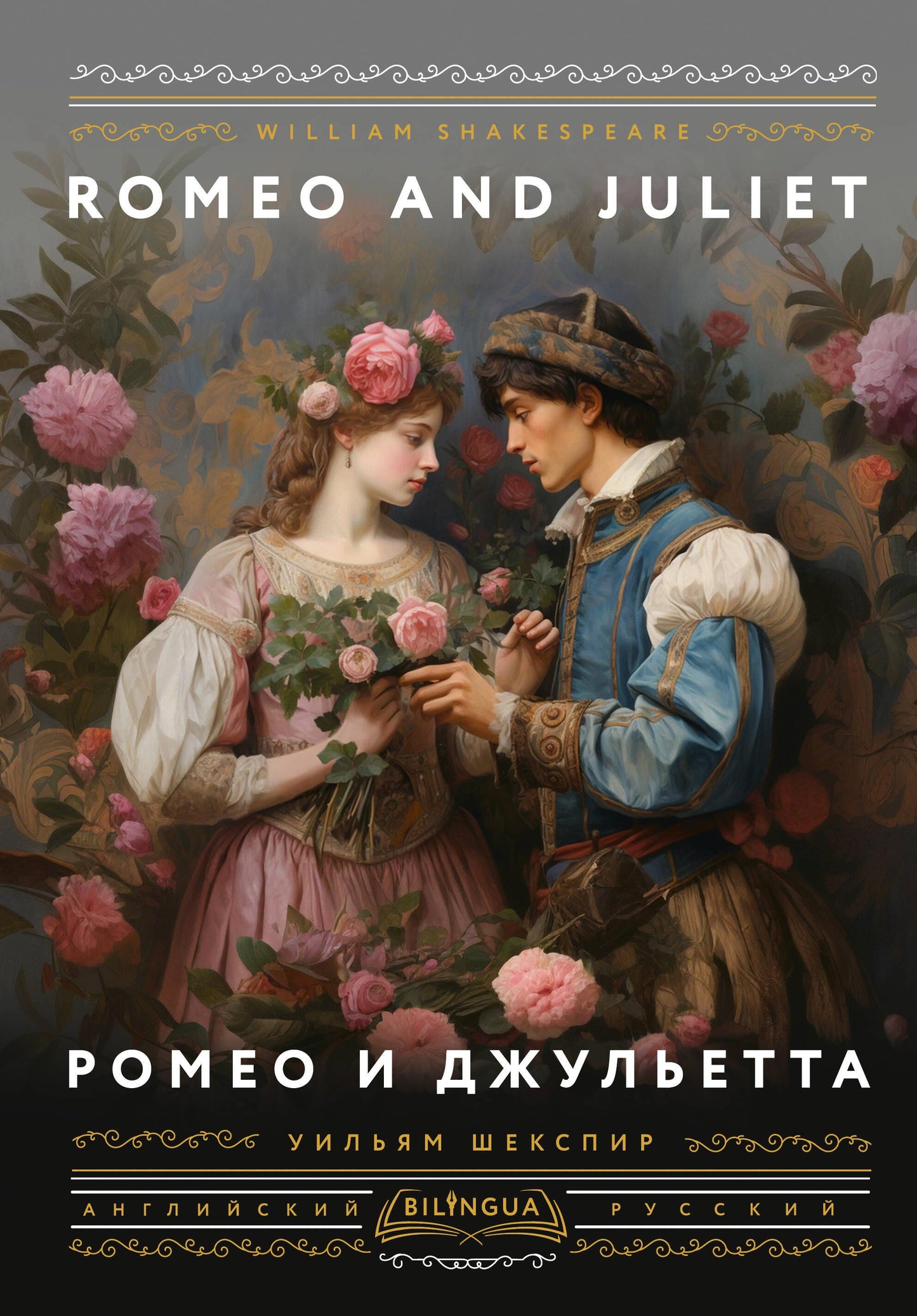 Обучающий материал по языкам "Ромео и Джульетта" от SOVABOOKS с изображением книги и титульной страницы.