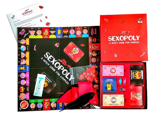 Настольная игра Сексополий от SOVABOOKS для взрослых и пар, изображение игровой коробки и элементов на столе