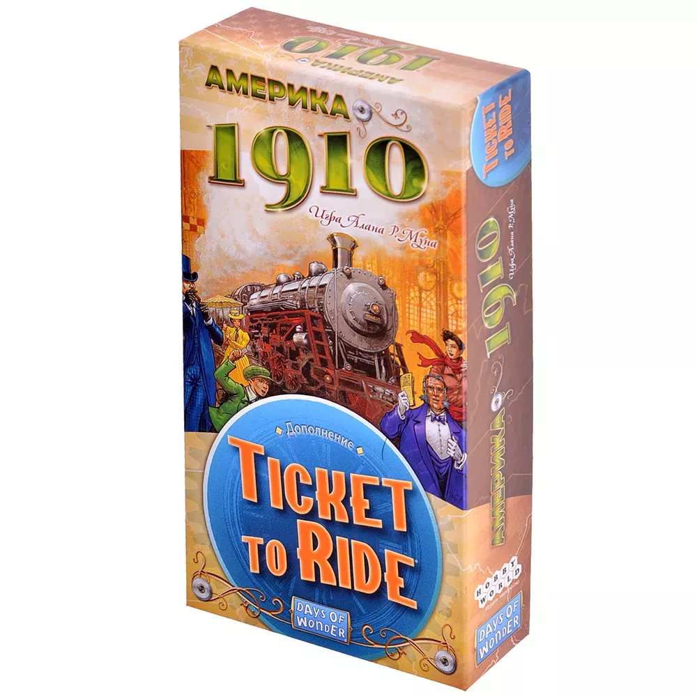 Расширение Ticket to Ride: Америка 1910 от SOVABOOKS, изображение коробки настольной игры и карты.