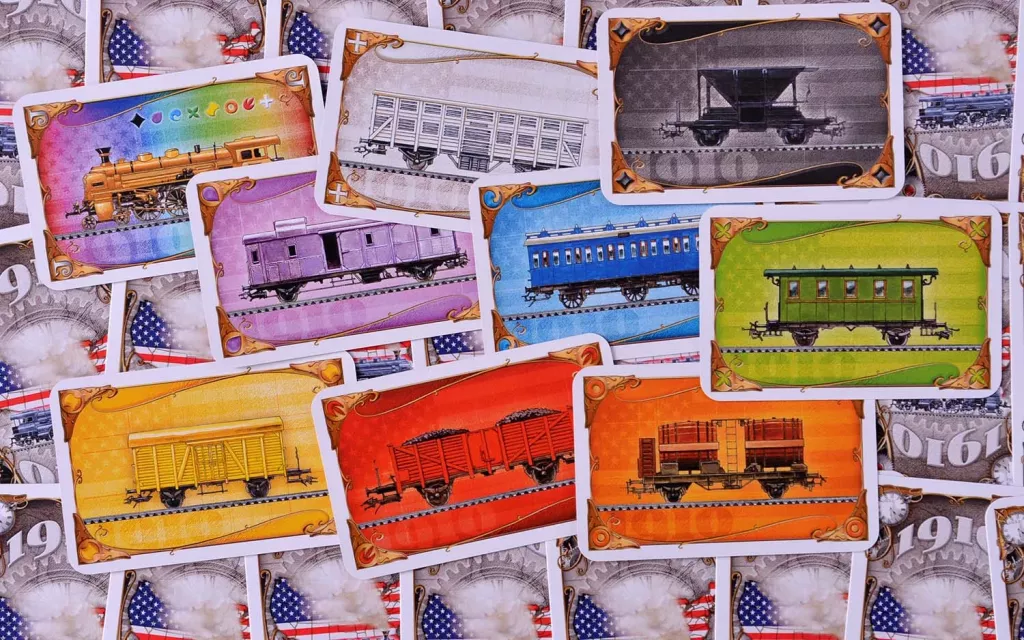 Расширение Ticket to Ride: Америка 1910 для настольной игры, изображение коробки и карты дополнения.
