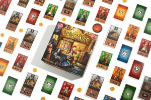 Настольная игра Овербукінг для детей, бренд Sovabooks, изображение коробки и игровых компонентов