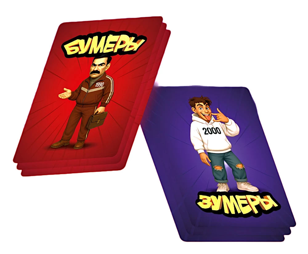 Настольная игра Бумеры против Зумеры от Sovabooks, изображение коробки с ярким дизайном и названием игры.