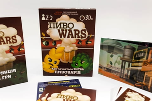 Настольная игра ПивоWars от Sovabooks для вечеринок и развлечений, изображение на фоне игровой доски и аксессуаров.