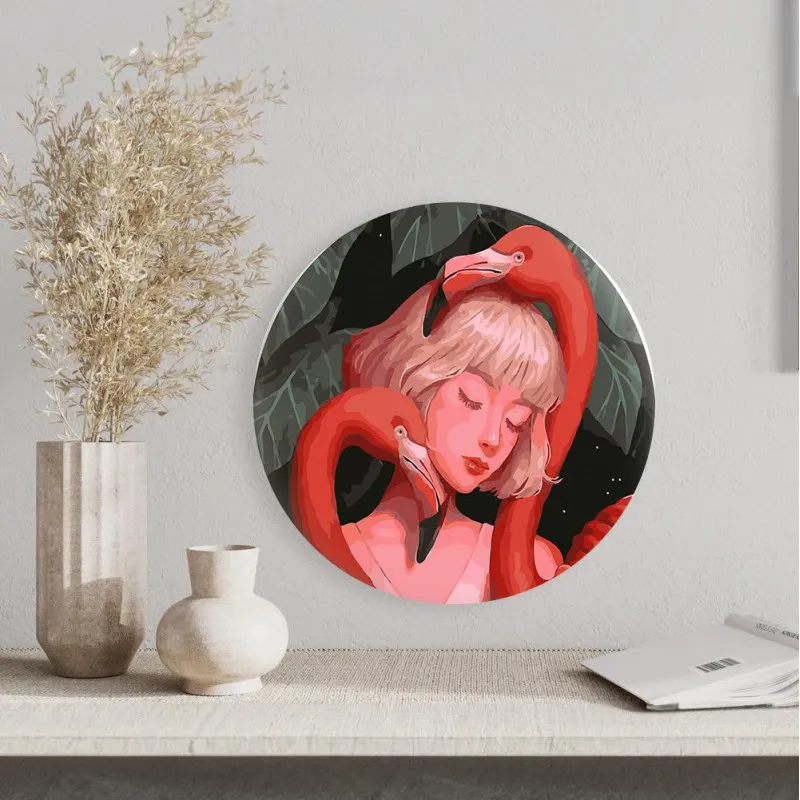 Круглая картина по номерам Фламинго