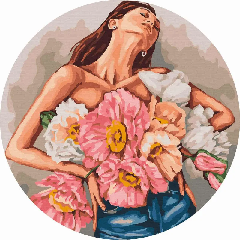 Круглая картина по Девушка с пионами
