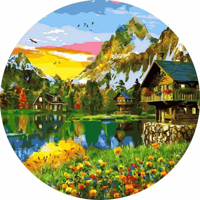 Круглая картина по номерам Деревушка