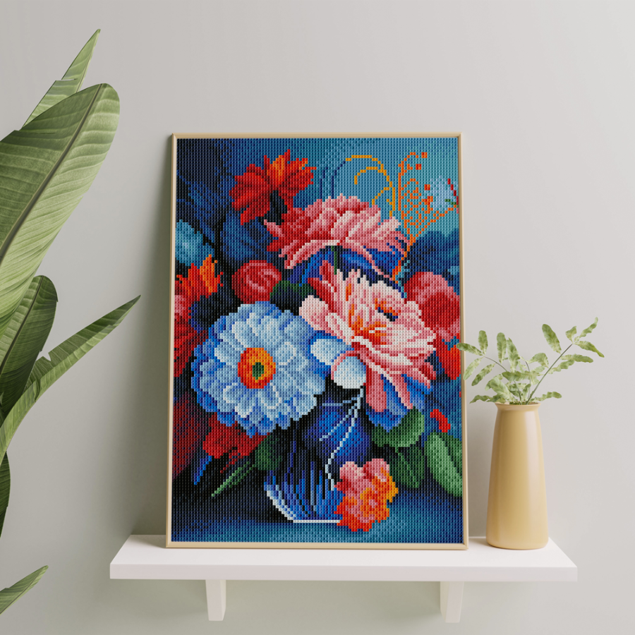 Алмазная мозаика Цветы Sovabooks 30x40 с изображением ярких цветочных узоров на прозрачном фоне