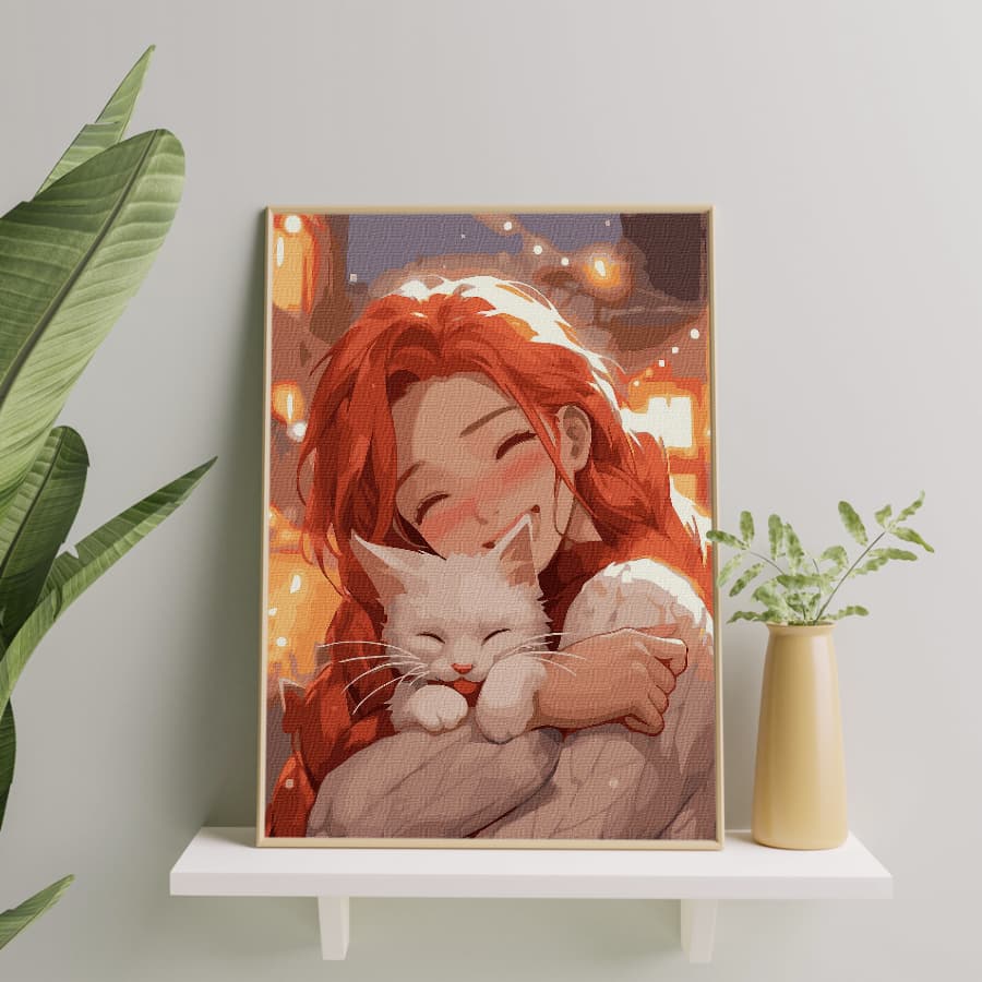 Картина по номерам Sovabooks с изображением девочки и кошки для творчества и рукоделия, яркая и детализированная.