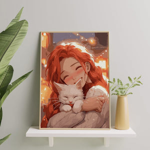 Картина по номерам Sovabooks с изображением девочки и кошки для творчества и рукоделия, яркая и детализированная.