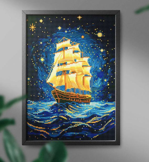 Алмазная мозаика Ночной корабль Sovabooks, арт-набор 40x50 см, яркое изображение ночного морского пейзажа